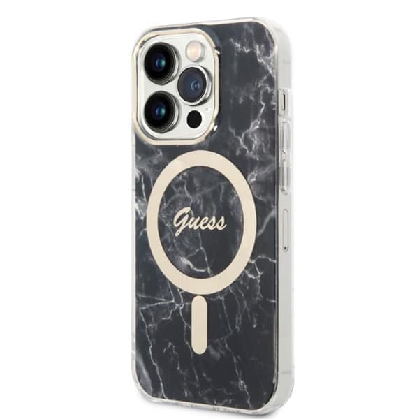 Guess Bundle Pack MagSafe IML Marble - MagSafe iPhone 14 Pro kotelo + laturisarja (musta/kulta)