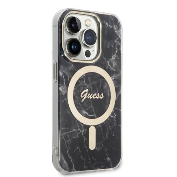 Guess Bundle Pack MagSafe IML Marble - MagSafe iPhone 14 Pro kotelo + laturisarja (musta/kulta)
