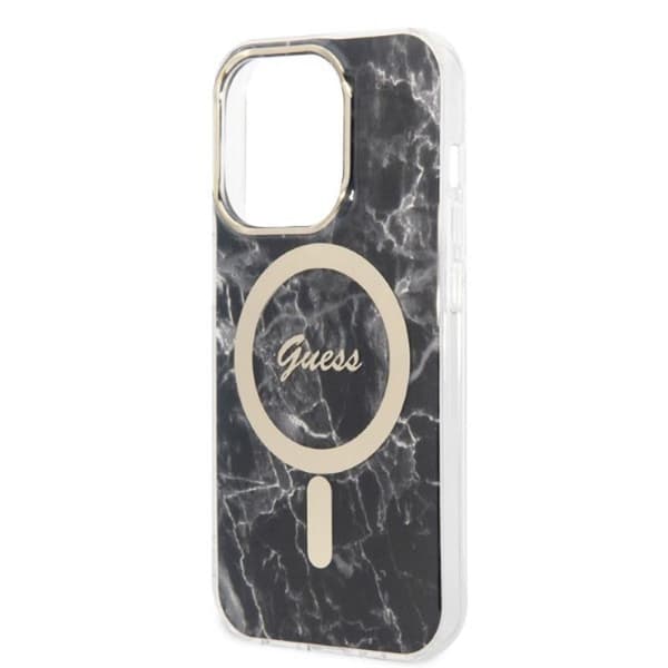 Guess Bundle Pack MagSafe IML Marble - MagSafe iPhone 14 Pro kotelo + laturisarja (musta/kulta)