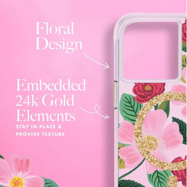 Kirkas kivääripaperi MagSafe - kullalla koristeltu iPhone 14 / iPhone 13 -kotelo (Rose Garden)