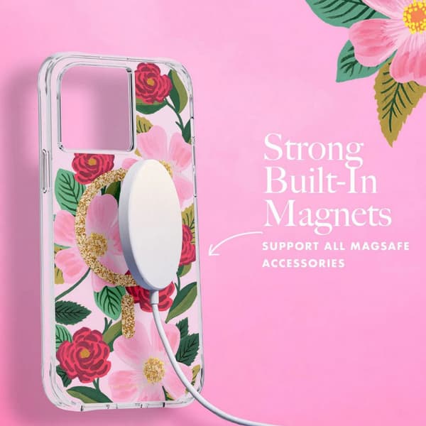 Kirkas kivääripaperi MagSafe - kullalla koristeltu iPhone 14 / iPhone 13 -kotelo (Rose Garden)