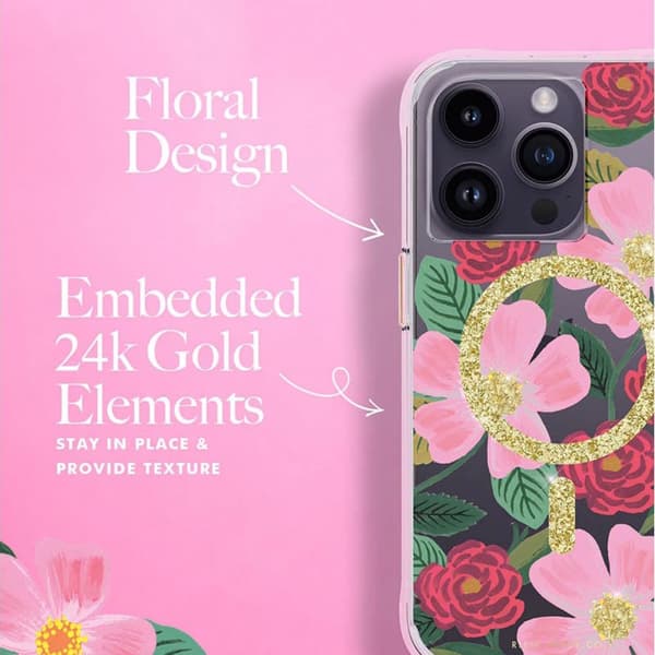 Rifle Paper Clear MagSafe - Gulddekoreret iPhone 14 Pro-cover (rosehave)