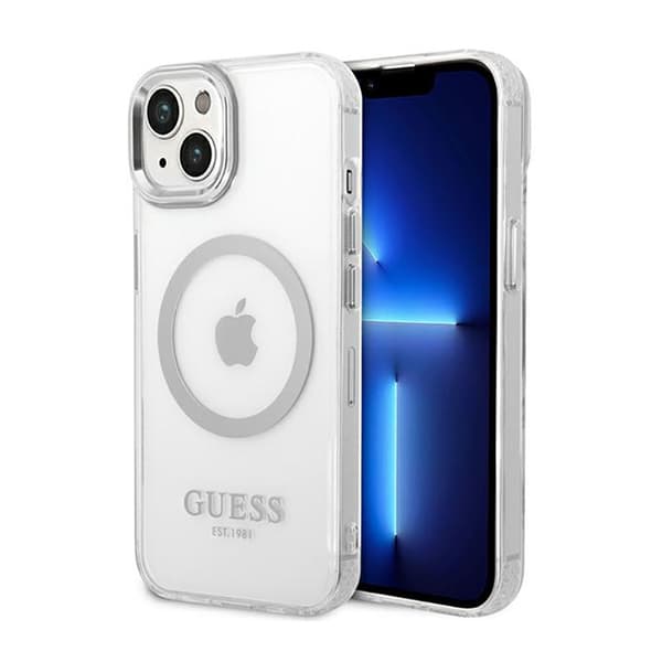 Guess Metal Outline MagSafe - iPhone 14 Plus-cover (klar/sølv)