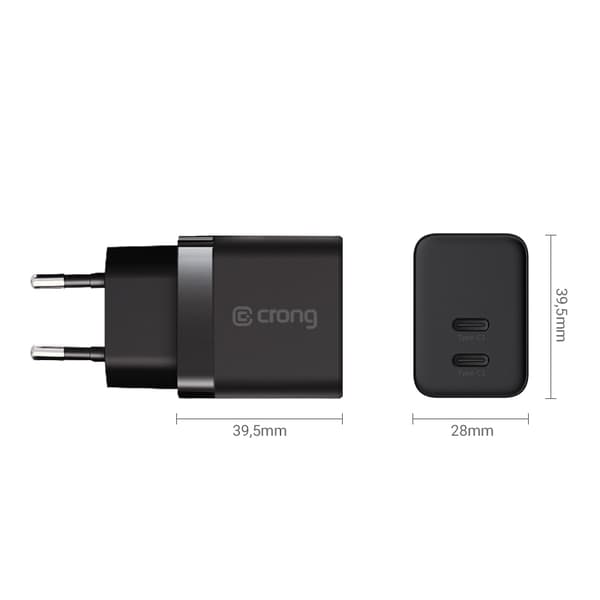 Crong Ultra Compact GaN - 2x USB-C 35W PD 3.0 vægoplader med PPS (sort)