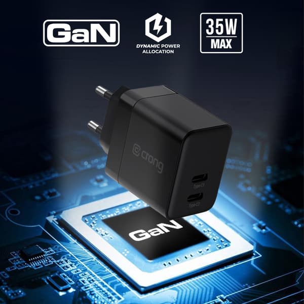 Crong Ultra Compact GaN - 2x USB-C 35W PD 3.0 vægoplader med PPS (sort)