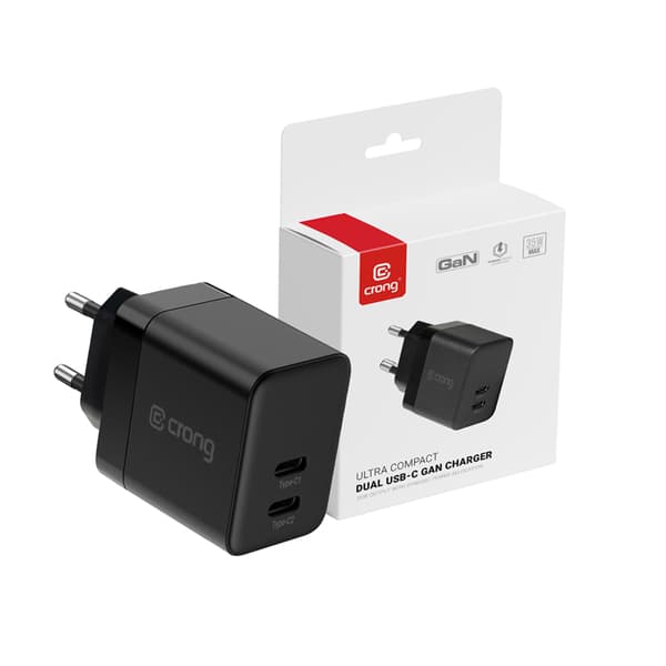 Crong Ultra Compact GaN - 2x USB-C 35W PD 3.0 vægoplader med PPS (sort)