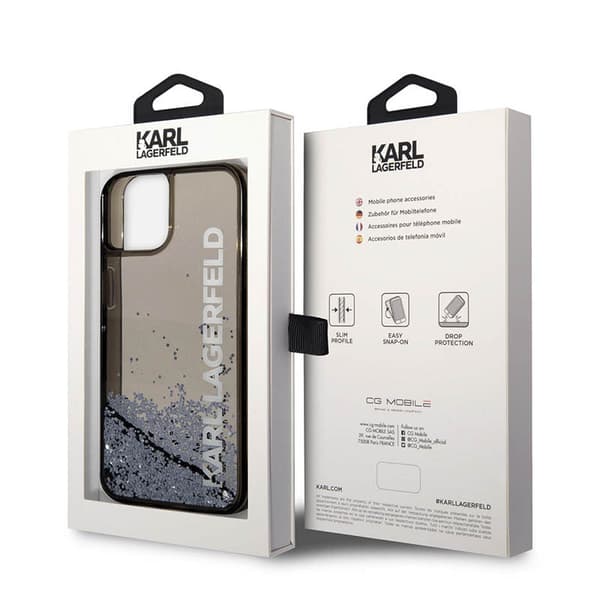 Karl Lagerfeld Liquid Glitter gennemskinnelig aflangt logoetui – iPhone 14 Plus etui (sort)
