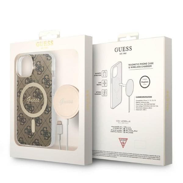 Guess Bundle Pack MagSafe 4G - MagSafe iPhone 14 Plus etui + opladersæt (brun/guld)