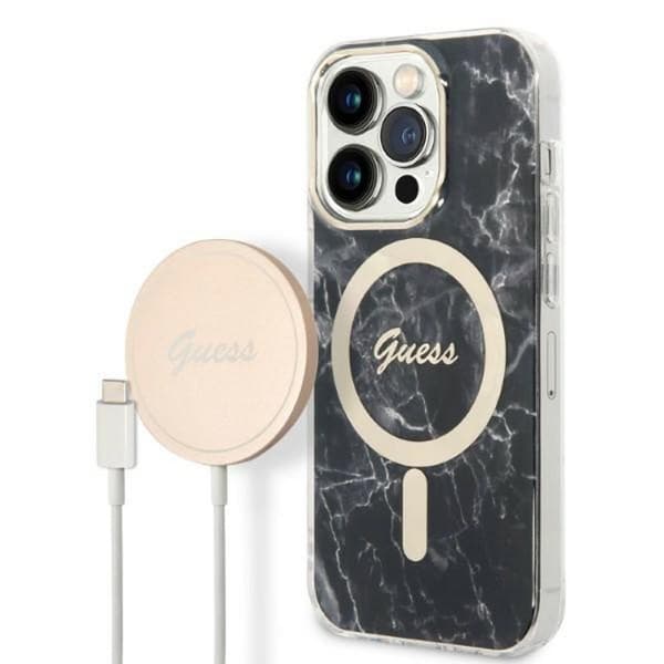 Guess Bundle Pack MagSafe IML Marble - MagSafe iPhone 14 Pro Max etui + opladersæt (sort/guld)