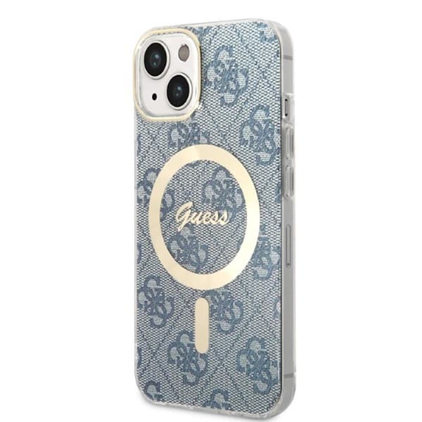 Guess Bundle Pack MagSafe 4G - MagSafe iPhone 14 fodral + laddare set (blå/guld)