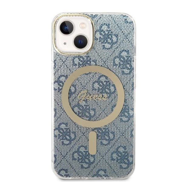Guess Bundle Pack MagSafe 4G - MagSafe iPhone 14 fodral + laddare set (blå/guld)