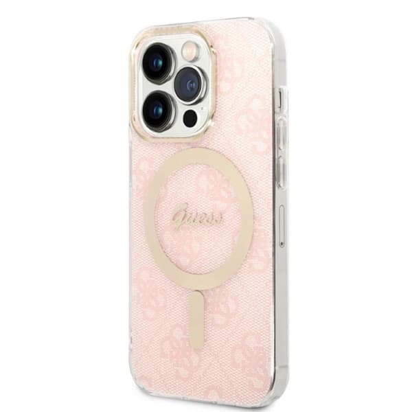Guess Bundle Pack MagSafe 4G - MagSafe iPhone 14 Pro etui + opladersæt (pink/guld)