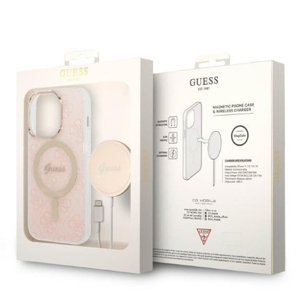 Guess Bundle Pack MagSafe 4G - MagSafe iPhone 14 Pro etui + opladersæt (pink/guld)