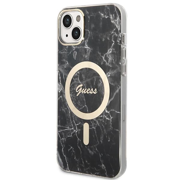 Guess Bundle Pack MagSafe IML Marble - MagSafe iPhone 14 Plus etui + opladersæt (sort/guld)