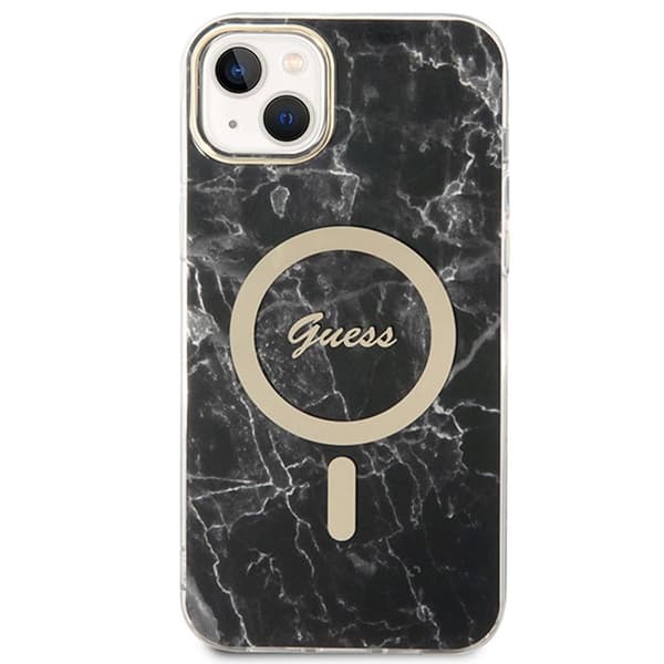 Guess Bundle Pack MagSafe IML Marble - MagSafe iPhone 14 Plus etui + opladersæt (sort/guld)