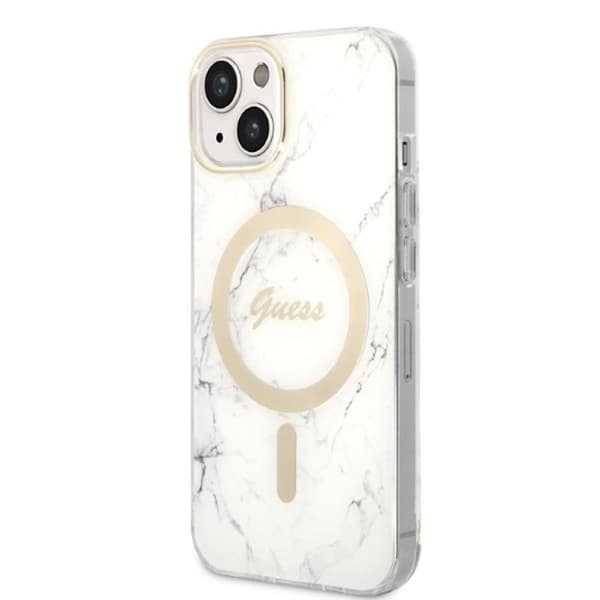 Guess Bundle Pack MagSafe IML Marble - MagSafe iPhone 14 Plus etui + opladersæt (hvid/guld)