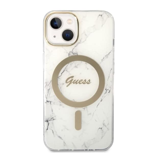Guess Bundle Pack MagSafe IML Marble - MagSafe iPhone 14 Plus etui + opladersæt (hvid/guld)