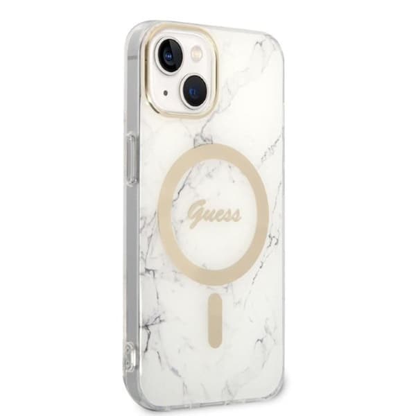 Guess Bundle Pack MagSafe IML Marble - MagSafe iPhone 14 Plus etui + opladersæt (hvid/guld)