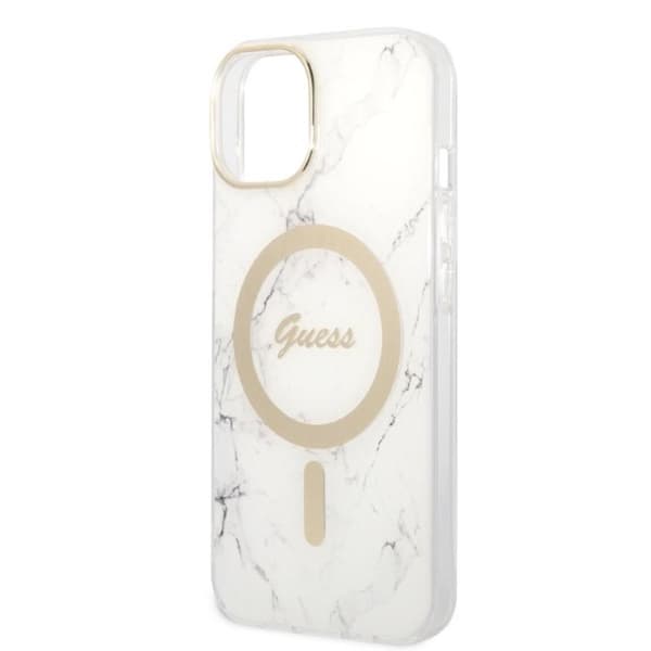 Guess Bundle Pack MagSafe IML Marble - MagSafe iPhone 14 Plus etui + opladersæt (hvid/guld)