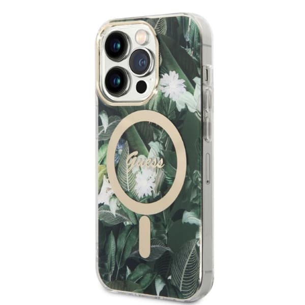 Guess Bundle Pack MagSafe IML Jungle - MagSafe iPhone 14 Pro etui + opladersæt (khaki/guld)
