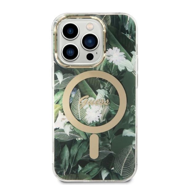 Guess Bundle Pack MagSafe IML Jungle - MagSafe iPhone 14 Pro etui + opladersæt (khaki/guld)