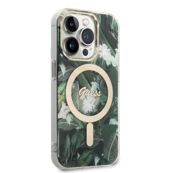 Guess Bundle Pack MagSafe IML Jungle - MagSafe iPhone 14 Pro etui + opladersæt (khaki/guld)