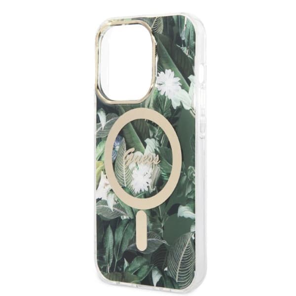 Guess Bundle Pack MagSafe IML Jungle - MagSafe iPhone 14 Pro etui + opladersæt (khaki/guld)