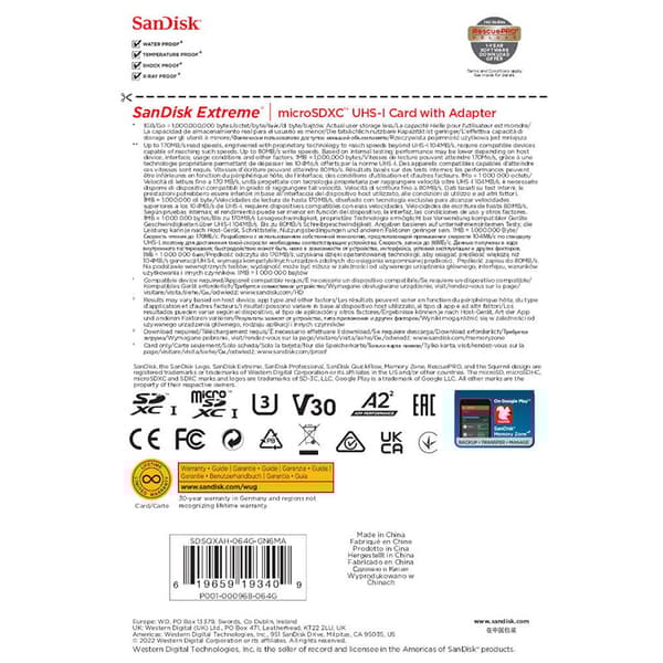 SanDisk Extreme microSDXC - 64 GB A2 V30 UHS-I U3 minneskort 170/80 MB/med adapter