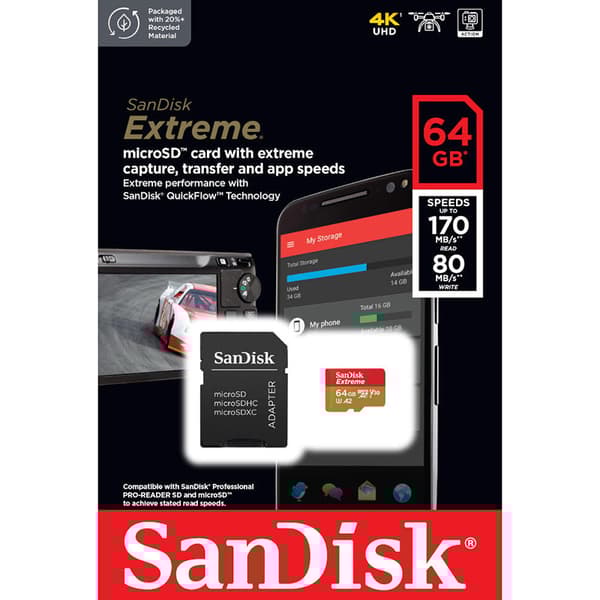SanDisk Extreme microSDXC - 64 GB A2 V30 UHS-I U3 minneskort 170/80 MB/med adapter