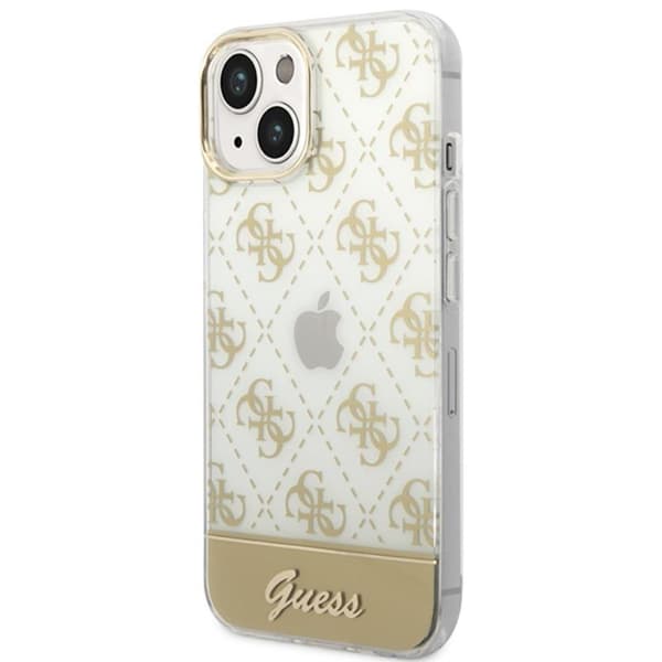 Guess 4G Stripe Script Logo galvaniseret mønster – iPhone 14 Plus etui (guld)