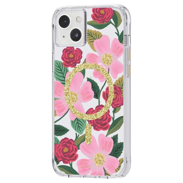 Kirkas kivääripaperi MagSafe – kullalla koristeltu iPhone 14 Plus -kotelo (Rose Garden)