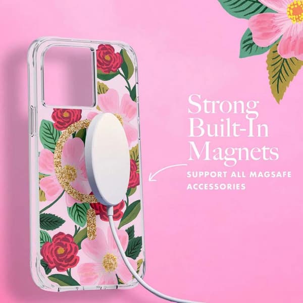 Kirkas kivääripaperi MagSafe – kullalla koristeltu iPhone 14 Plus -kotelo (Rose Garden)
