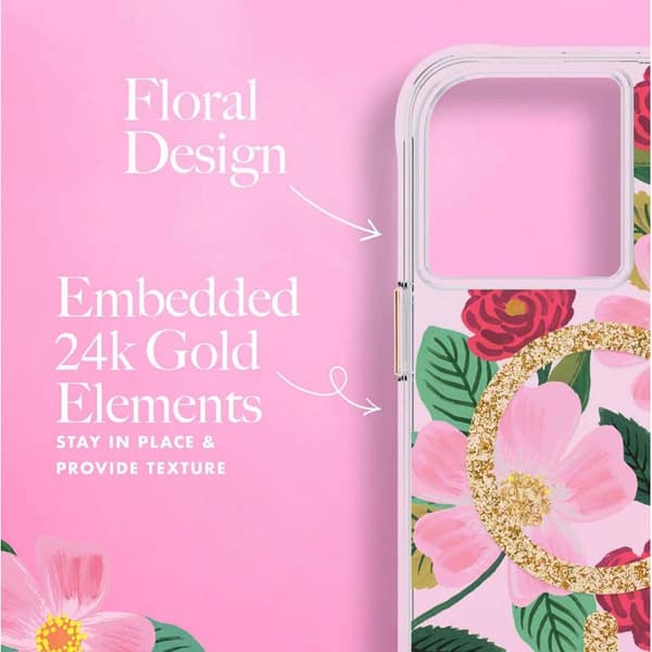 Kirkas kivääripaperi MagSafe – kullalla koristeltu iPhone 14 Plus -kotelo (Rose Garden)