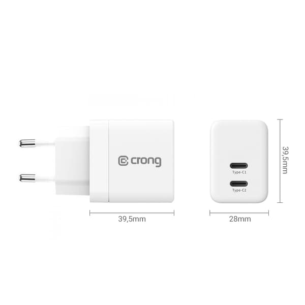 Crong Ultra Compact GaN - 2x USB-C 35W PD 3.0 netoplader med PPS (hvid)