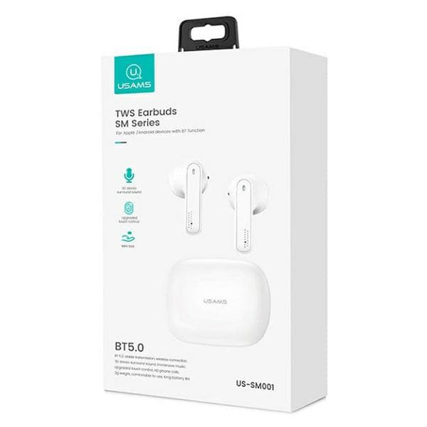 USAMS SM Series - Bluetooth 5.0 TWS hörlurar + laddningsfodral (vit)