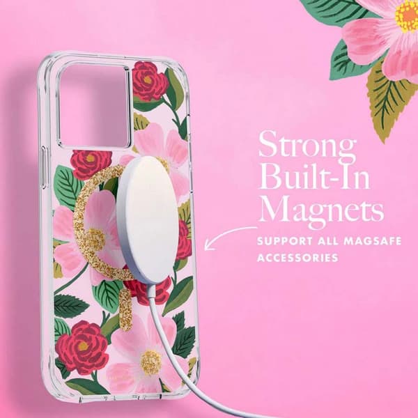Kirkas kivääripaperi MagSafe - kullalla koristeltu iPhone 14 Pro Max -kotelo (Rose Garden)