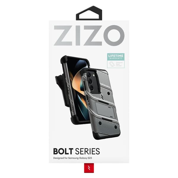 ZIZO BOLT Series - Pansarfodral för Samsung Galaxy S23 med 9H glasskärm + hållare med stativ (grå)
