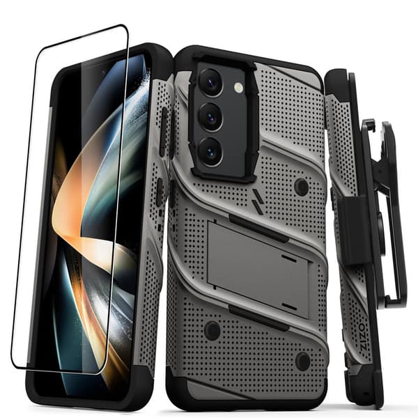 ZIZO BOLT Series - Pansarfodral för Samsung Galaxy S23 med 9H glasskärm + hållare med stativ (grå)