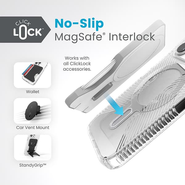 Speck Presidio Perfect-Clear Grip ClickLock & MagSafe - iPhone 15 Pro -kotelo (kirkas / kromiviimeistely / seesteinen hopea)