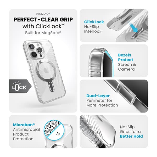 Speck Presidio Perfect-Clear Grip ClickLock & MagSafe - iPhone 15 Pro -kotelo (kirkas / kromiviimeistely / seesteinen hopea)