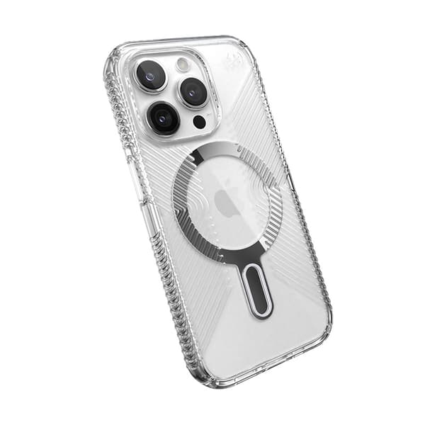 Speck Presidio Perfect-Clear Grip ClickLock & MagSafe - iPhone 15 Pro -kotelo (kirkas / kromiviimeistely / seesteinen hopea)