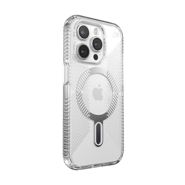 Speck Presidio Perfect-Clear Grip ClickLock & MagSafe - iPhone 15 Pro -kotelo (kirkas / kromiviimeistely / seesteinen hopea)