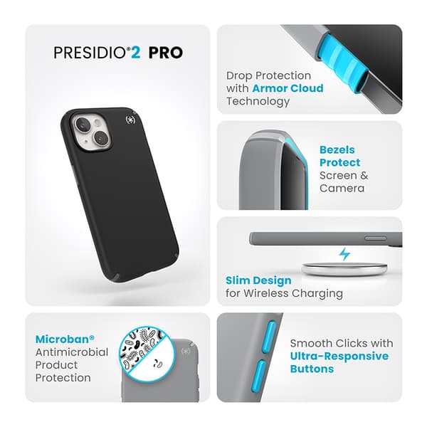 Speck Presidio2 Pro - iPhone 15 / iPhone 14 / iPhone 13-fodral (svart / skiffergrå / vit)