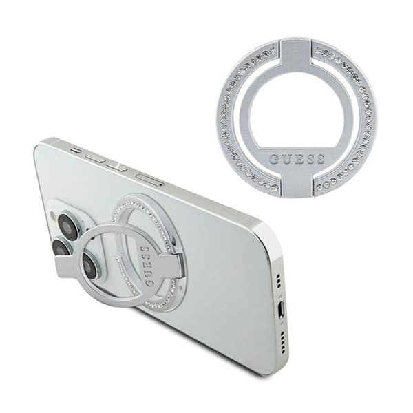 Guess MagSafe Ring Stand tekojalokivi - Magneettinen sormipidike puhelimelle jalustalla (hopea)