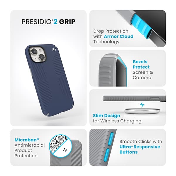 Speck Presidio2 Grip - iPhone 15 / iPhone 14 / iPhone 13 kotelo (rannikonsininen / pölynharmaa / valkoinen)