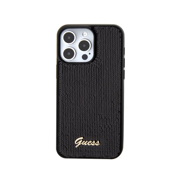 Guess Sequin Script Metal - iPhone 15 Pro -kotelo (musta)
