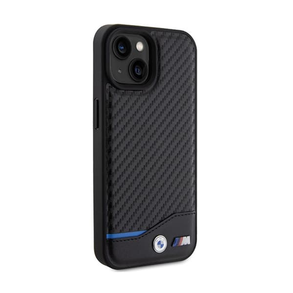 BMW Leather Carbon Blue Line - iPhone 15-fodral (svart)