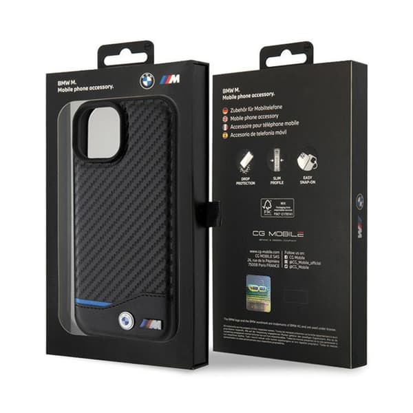 BMW Leather Carbon Blue Line - iPhone 15-fodral (svart)