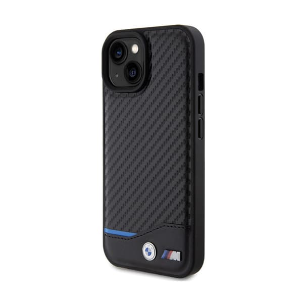 BMW Leather Carbon Blue Line - iPhone 15-fodral (svart)