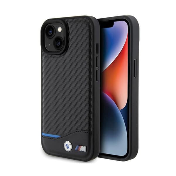 BMW Leather Carbon Blue Line - iPhone 15-fodral (svart)